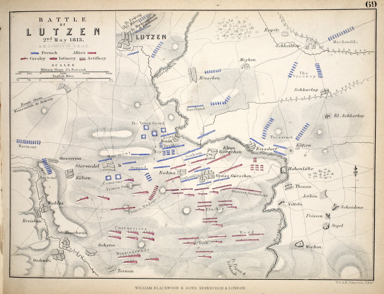 Mappa della battaglia di Lutzen, pubblicata da William Blackwood and Sons, Edimburgo e Londra, 1848 da Alexander Keith Johnston