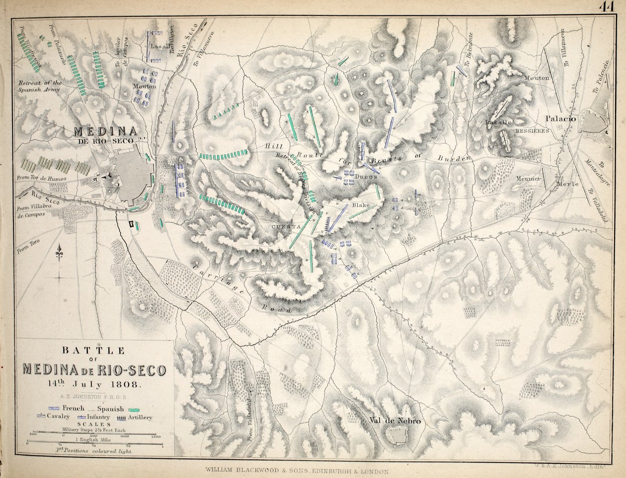 Mappa della Battaglia di Medina de Rio-Seco, pubblicata da William Blackwood and Sons, Edimburgo e Londra, 1848 da Alexander Keith Johnston