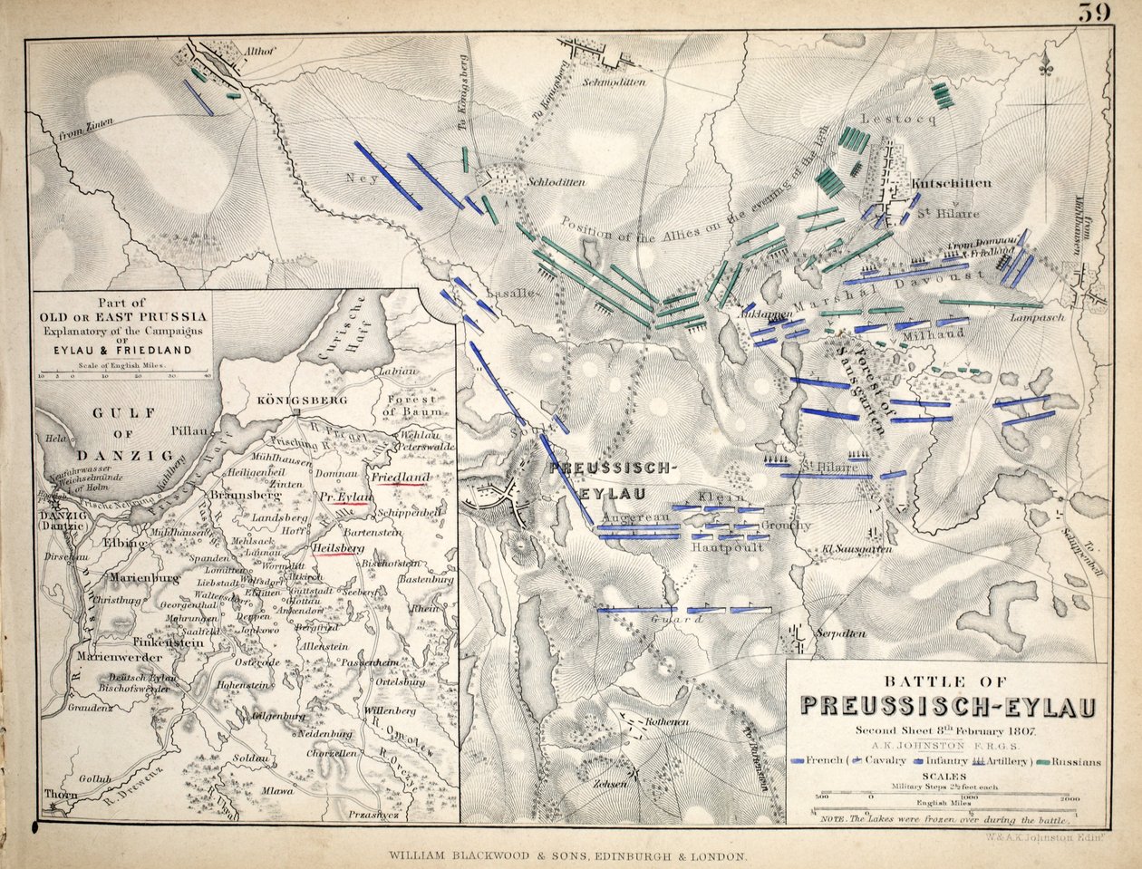 Mappa della battaglia di Preussisch-Eylau, pubblicata da William Blackwood and Sons, Edimburgo e Londra, 1848 da Alexander Keith Johnston