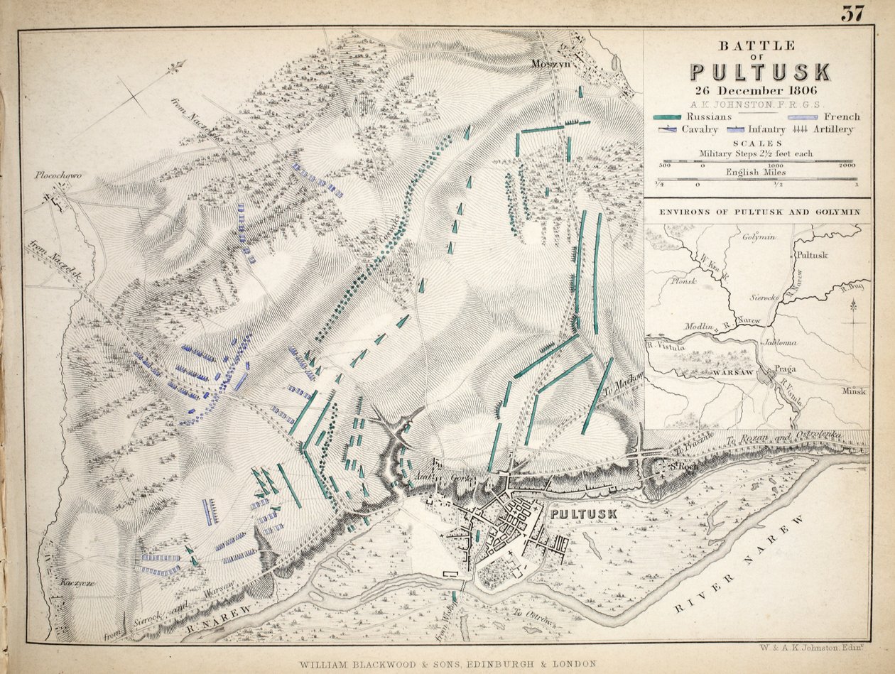 Mappa della Battaglia di Pultusk, pubblicata da William Blackwood and Sons, Edimburgo e Londra, 1848 da Alexander Keith Johnston