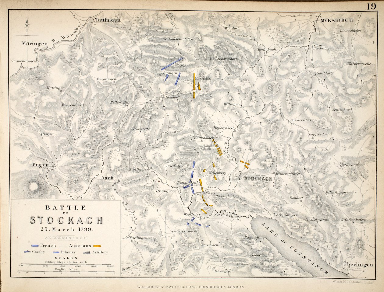 Mappa della Battaglia di Stockach, pubblicata da William Blackwood and Sons, Edimburgo e Londra, 1848 da Alexander Keith Johnston