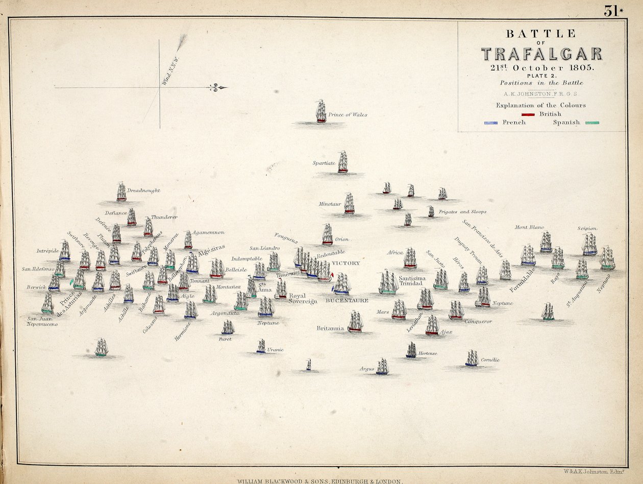 Mappa della Battaglia di Trafalgar, pubblicata da William Blackwood and Sons, Edimburgo e Londra, 1848 da Alexander Keith Johnston