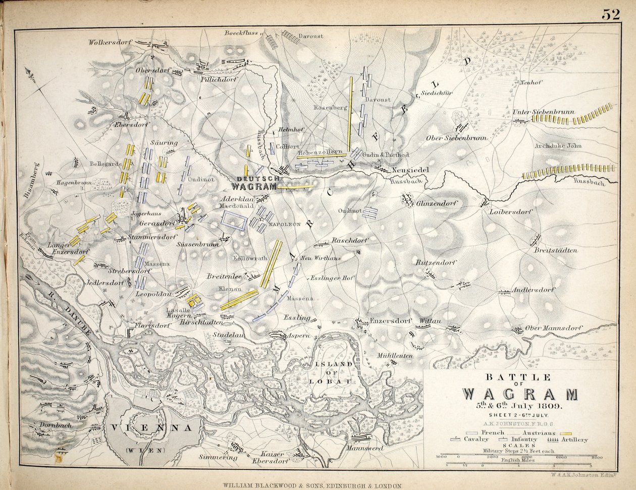 Mappa della Battaglia di Wagram, pubblicata da William Blackwood and Sons, Edimburgo e Londra, 1848 da Alexander Keith Johnston