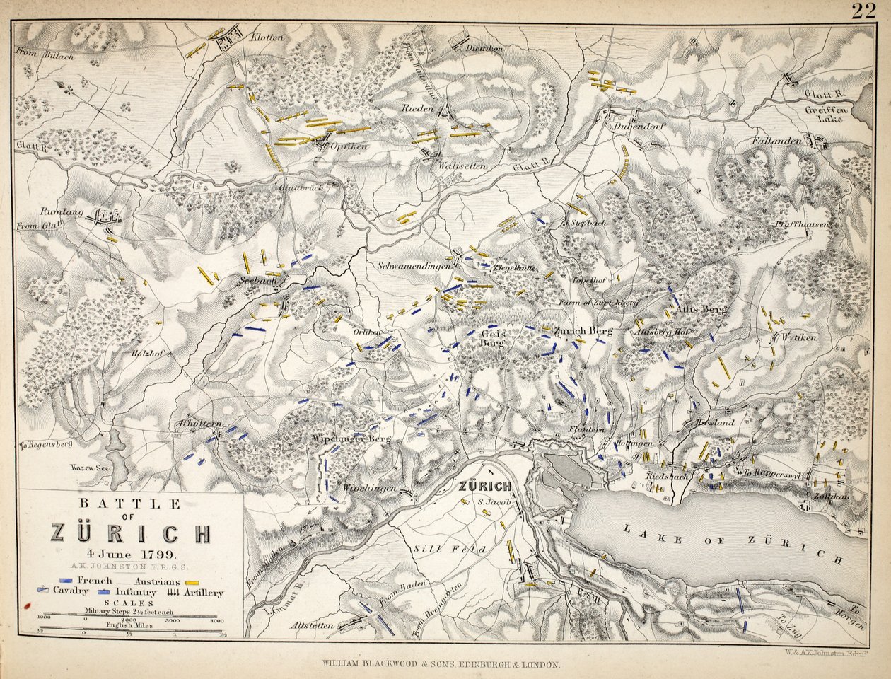 Mappa della battaglia di Zurigo, pubblicata da William Blackwood and Sons, Edimburgo e Londra, 1848 da Alexander Keith Johnston