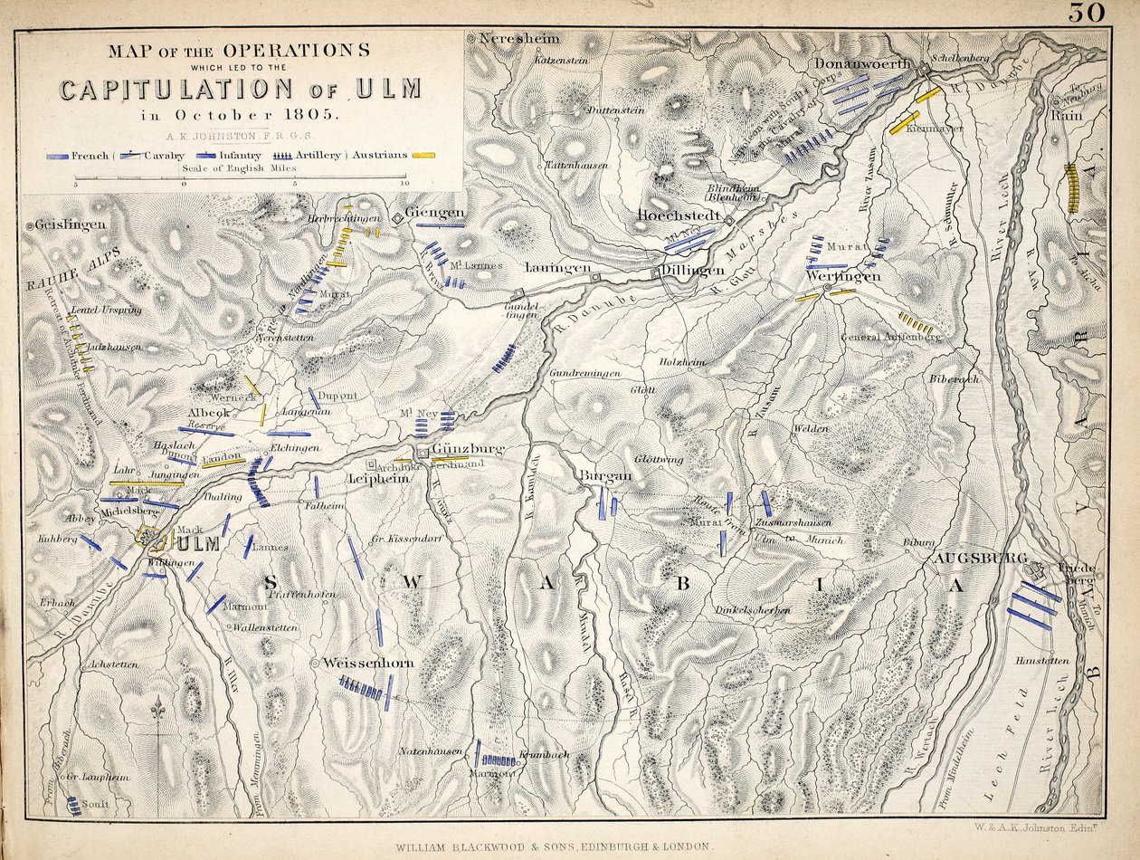 Mappa delle Operazioni che hanno portato alla Capitulation di Ulm, pubblicata da William Blackwood and Sons, Edimburgo e Londra, 1848 da Alexander Keith Johnston