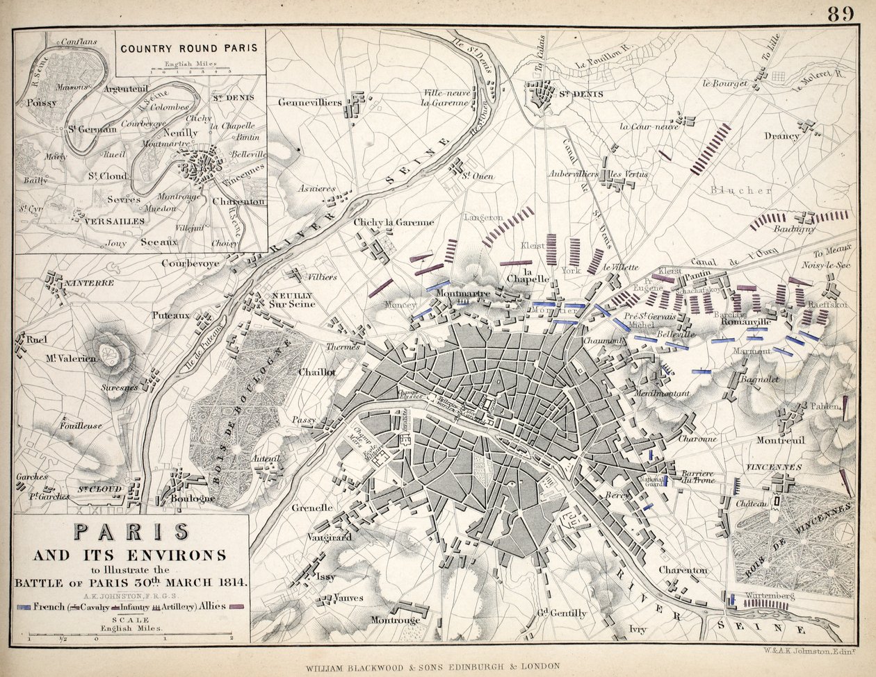 Parigi e i suoi dintorni, per illustrare la battaglia di Parigi, 30 marzo 1814, pubblicato c.1830 da Alexander Keith Johnston