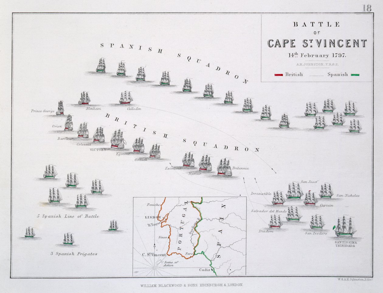 Piano della Battaglia di Capo San Vincenzo, 14 febbraio 1797, c.1830s da Alexander Keith Johnston