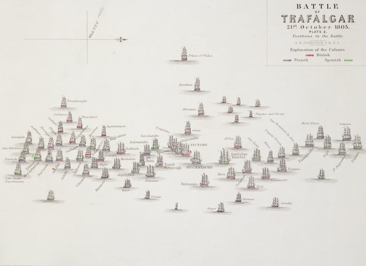 La battaglia di Trafalgar, 21 ottobre 1805, posizioni nella battaglia, c.1830s da Alexander Keith Johnston