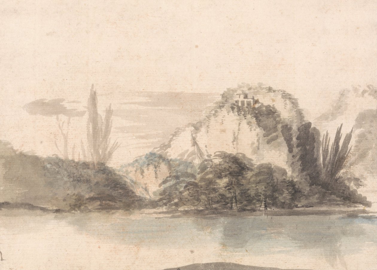 Un tempio arroccato su uno sperone roccioso visto attraverso un lago da Alexander Runciman
