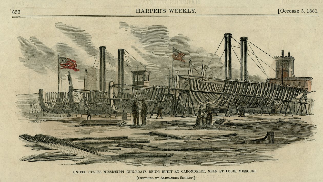 Cannoniere del Mississippi degli Stati Uniti in costruzione a Carondelet, vicino a St. Louis, Missouri da Alexander Simplot