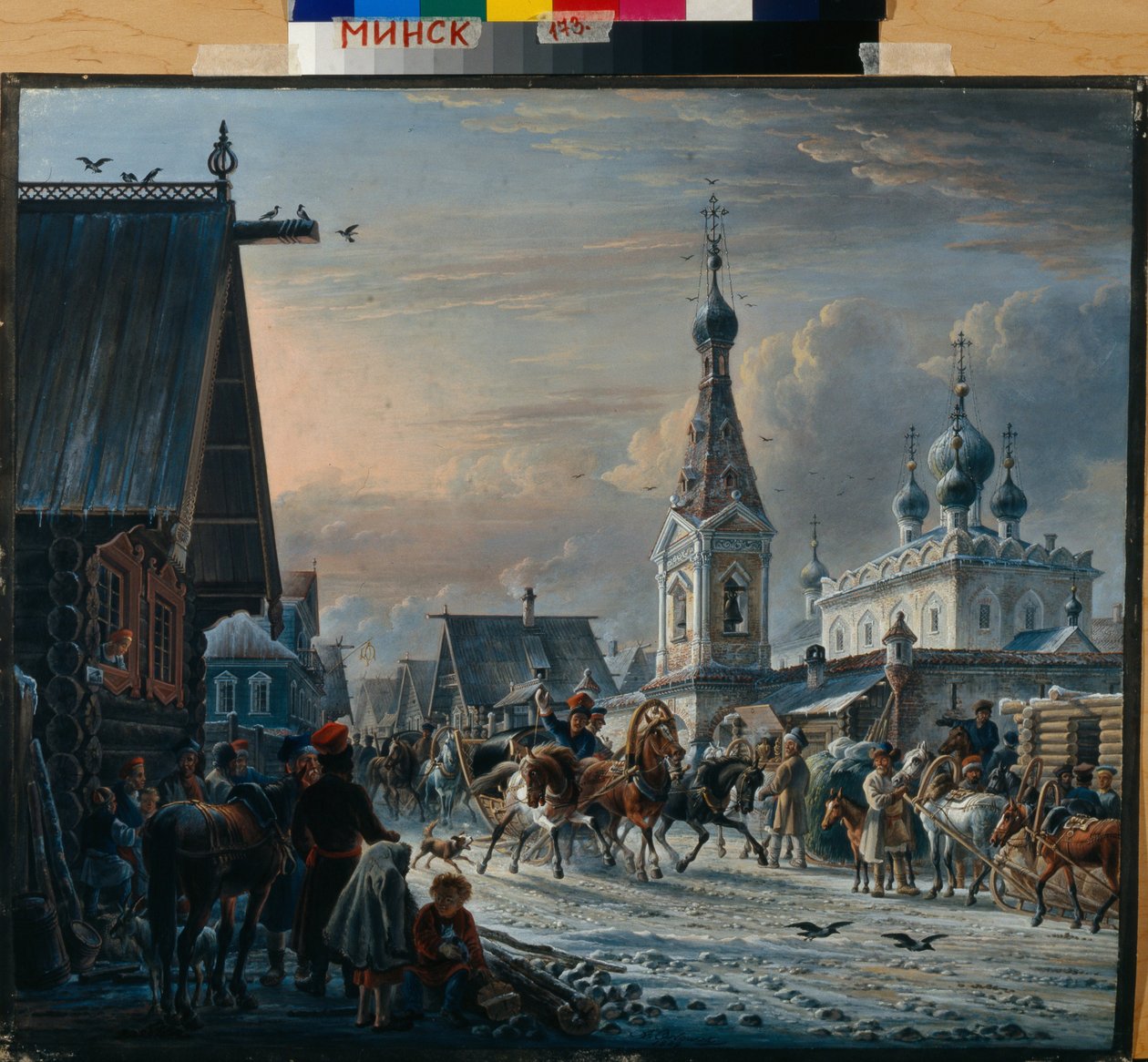 Slitte postali russe (troika) che circolano in una strada d