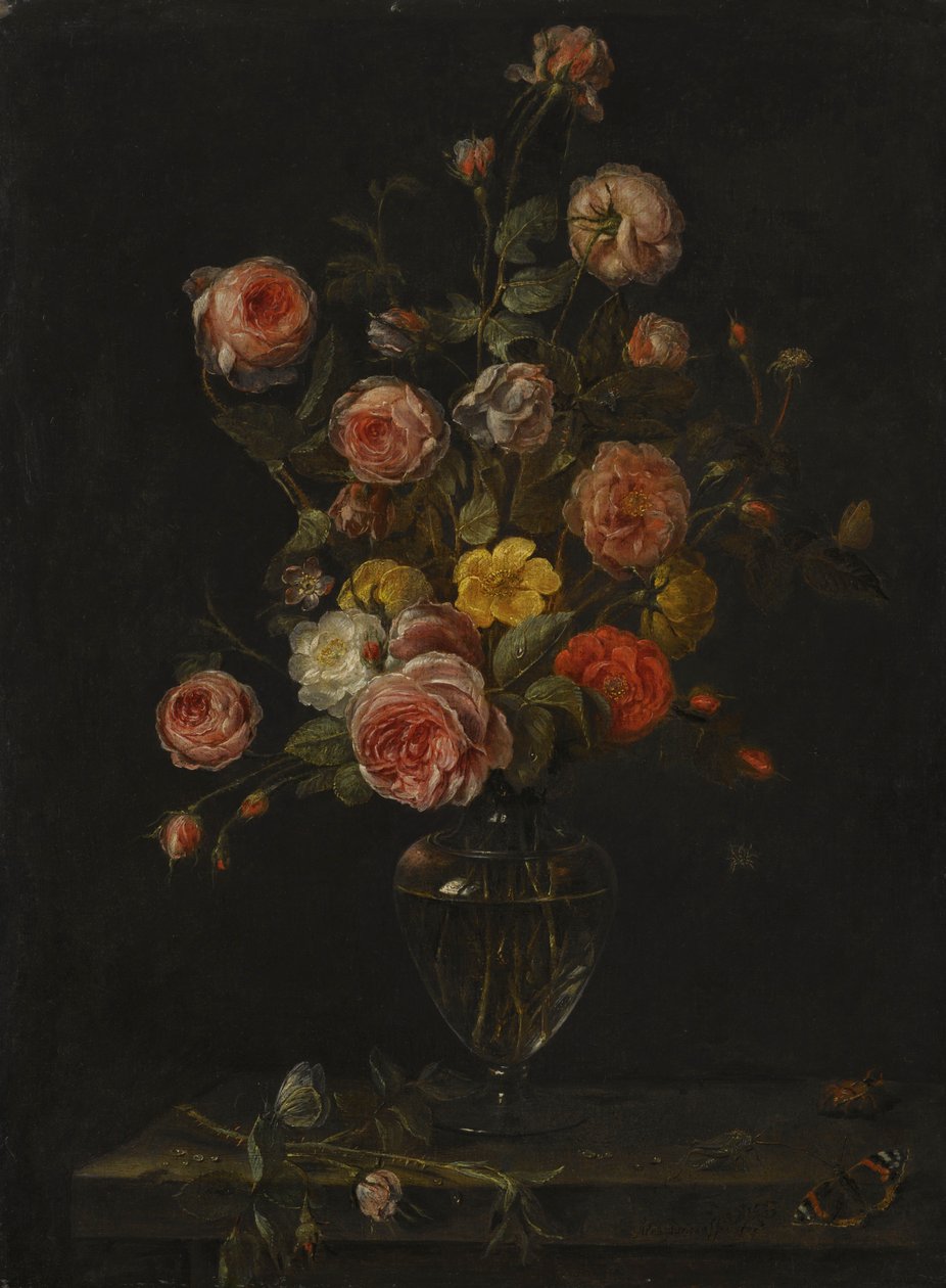 Una natura morta con rose rosse, bianche e rosa in un vaso di vetro su un davanzale di pietra con farfalle, una cavalletta e uno scarabeo da Alexander Adriaenssen