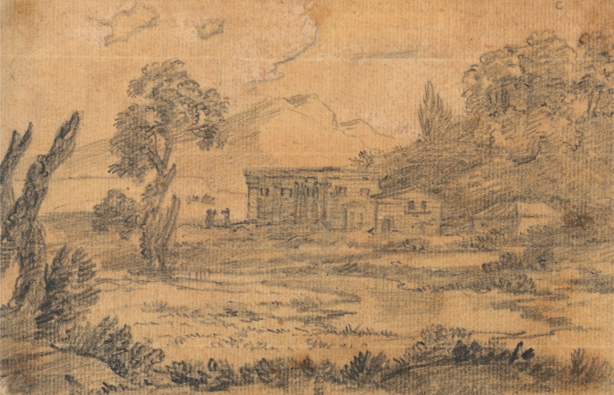 Edifici lungo un fiume con colline sullo sfondo da Alexander Cozens