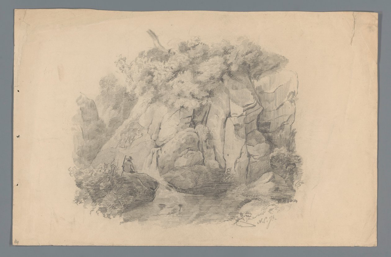 Paesaggio con uomo seduto vicino a una cascata da Alexander Cranendoncq