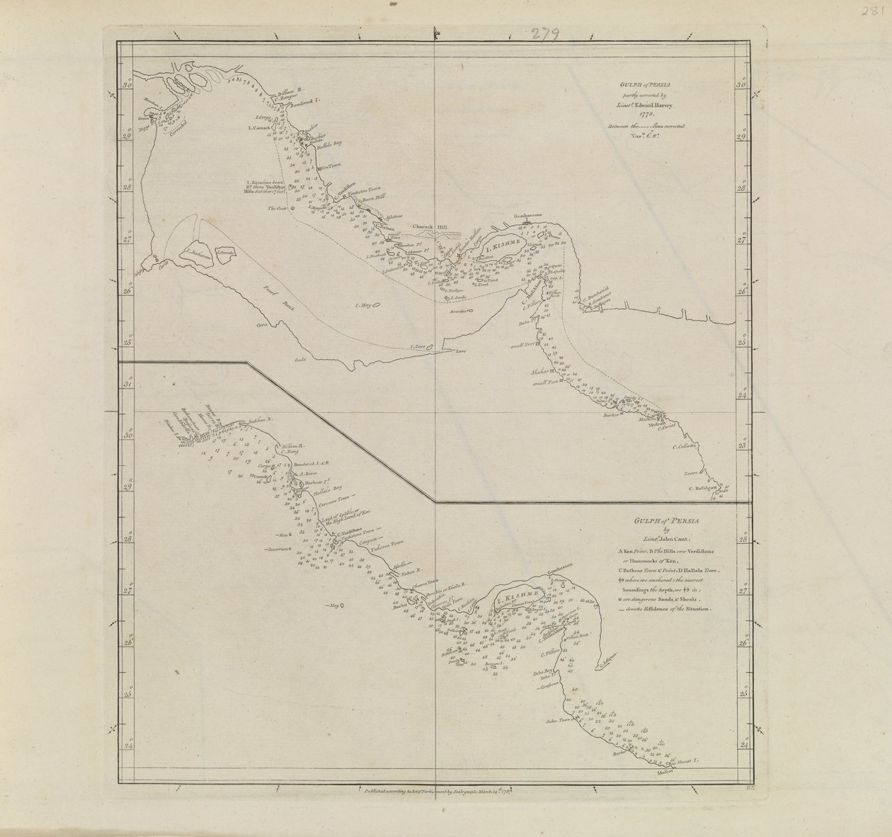 Piani dei Porti, Dalrymple, Alexander pubblicato nel 1791 ID Numero 41167-2001 Una carta piana di parte del Golfo di Persia, parzialmente corretta dal Tenente Edward Harvey 1778 da Alexander Dalrymple