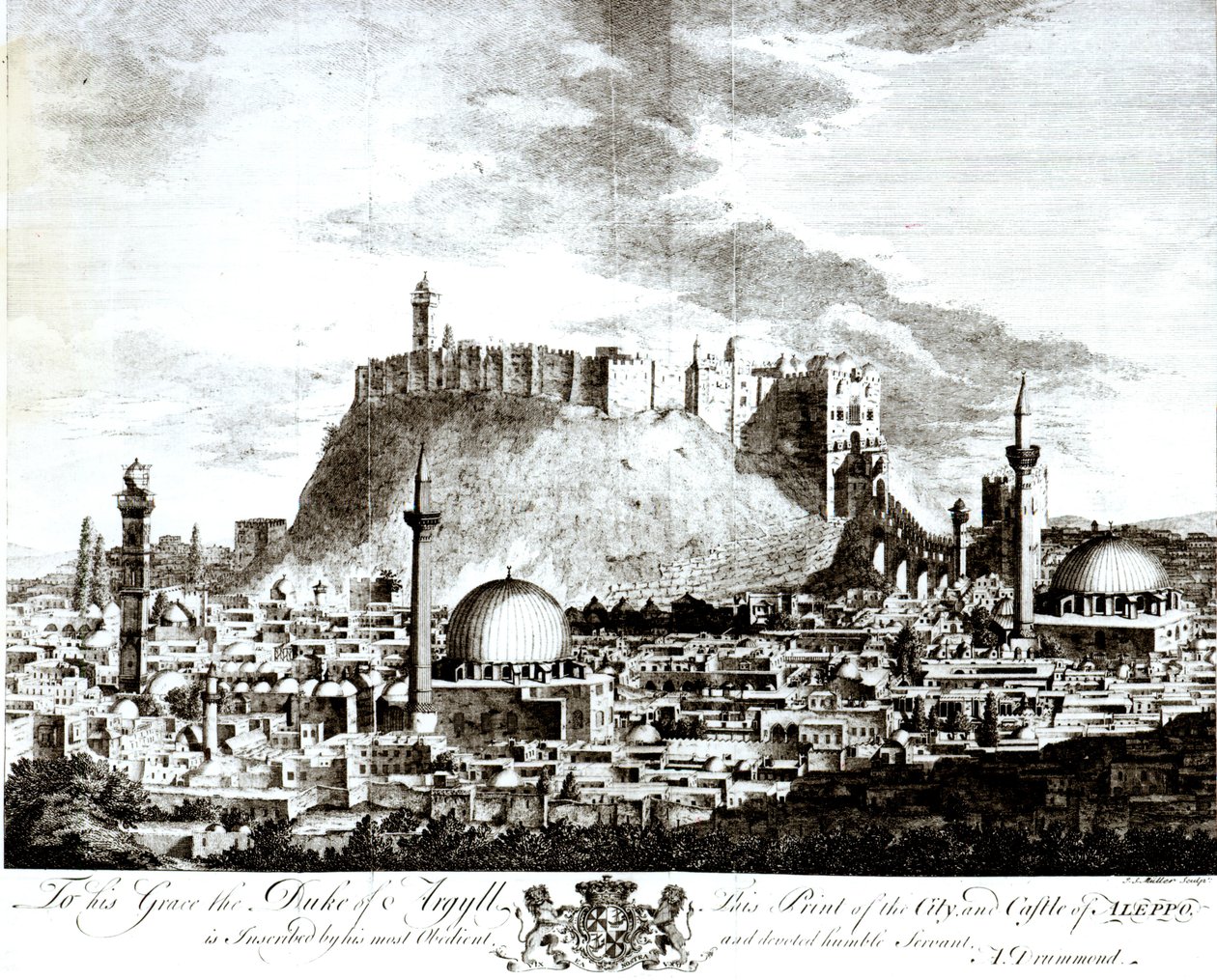Veduta della città e del castello di Aleppo, Siria, 1754 da Alexander Drummond