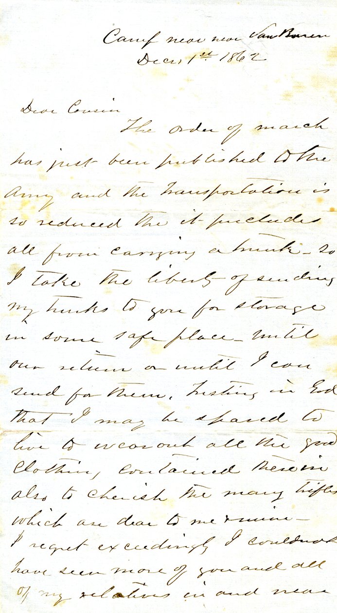 Lettera firmata A.E. Steen, campo vicino a Van Buren, al cugino Mrs. Mary Walker, Van Buren, Ark., 1 dicembre 1862 da Alexander Early Steen