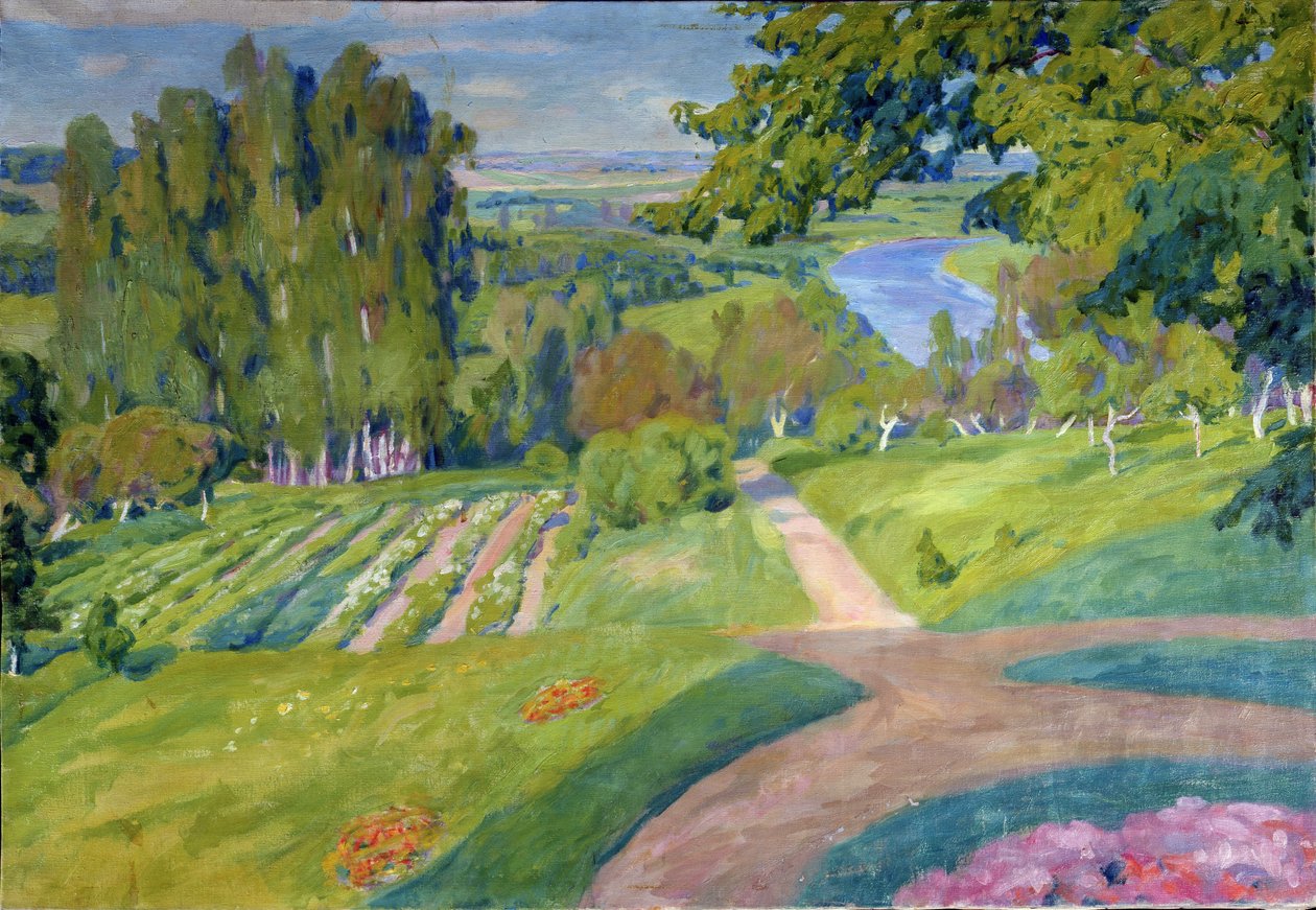 Una proprietà di campagna. Dipinto di Alexander Fyodorovich Gaush (1873-1947), olio su tela, circa 1910, arte russa, art nouveau. Museo d