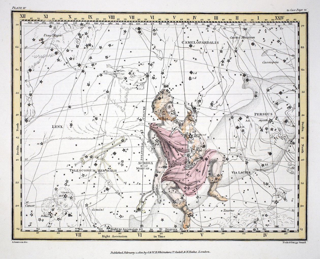 Le Costellazioni (Tavola IV) Auriga, Camelopardalis, Telescopium Herschelli, da 