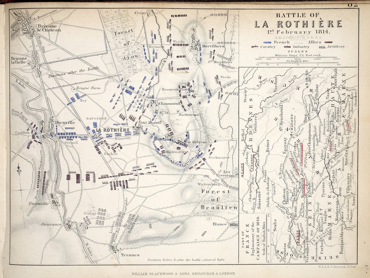 Mappa della battaglia di La Rothiere, pubblicata da William Blackwood and Sons, Edimburgo e Londra, 1848 da Alexander Keith Johnston