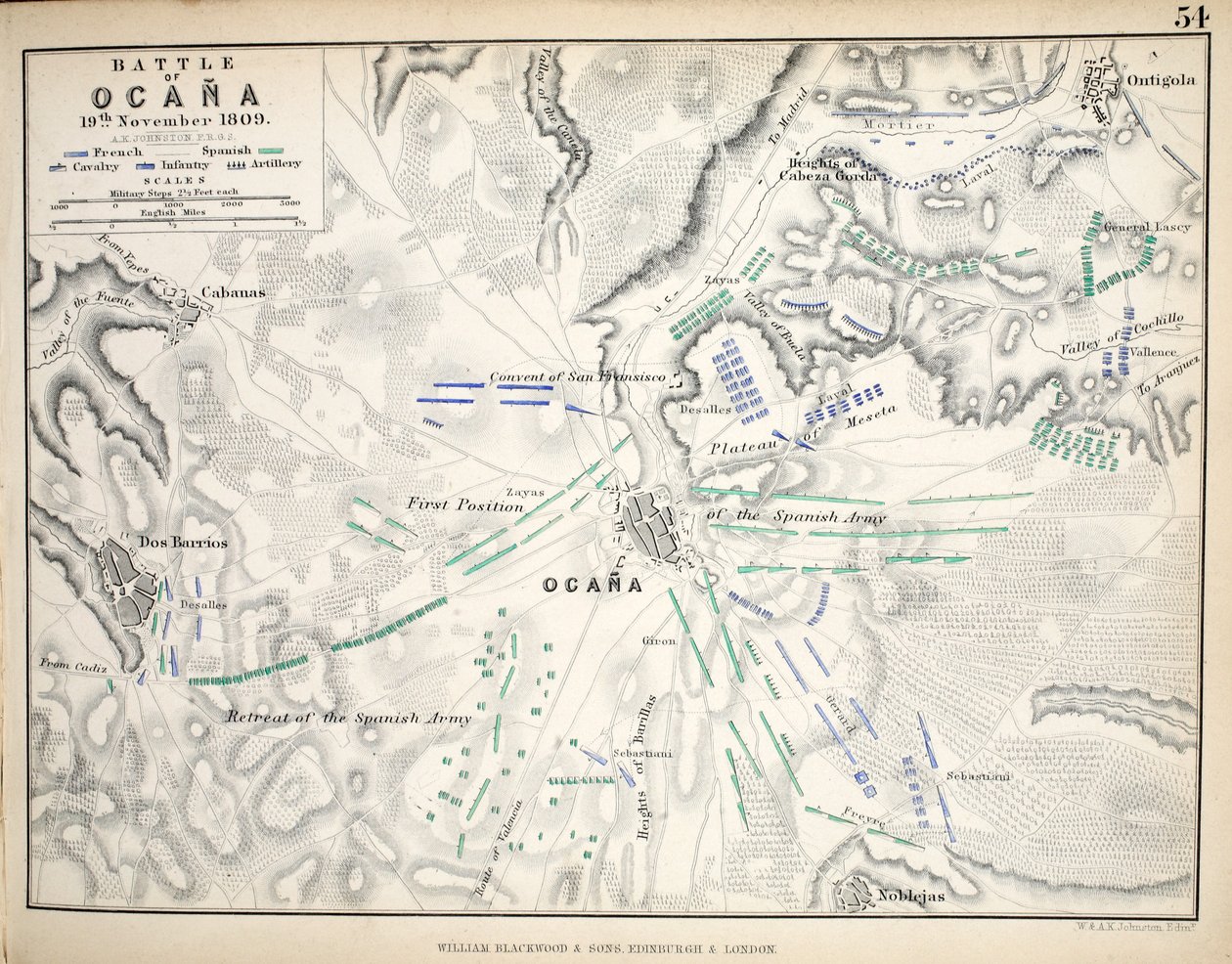 Mappa della battaglia di Ocana, pubblicata da William Blackwood and Sons, Edimburgo e Londra, 1848 da Alexander Keith Johnston