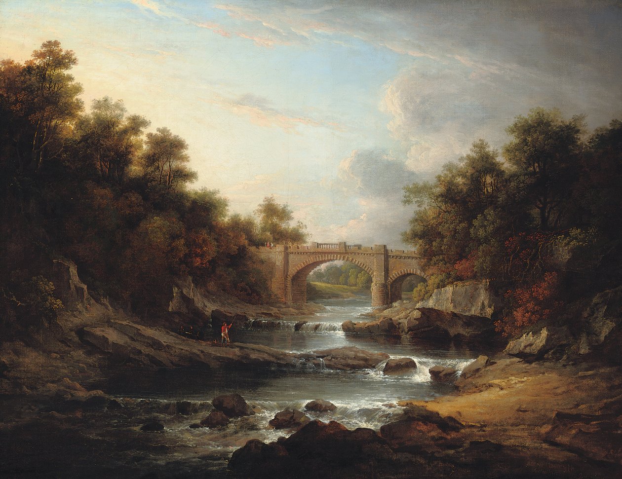 Veduta sul fiume Almond, vicino a Edimburgo, con il ponte Almondell e un pescatore da Alexander Nasmyth