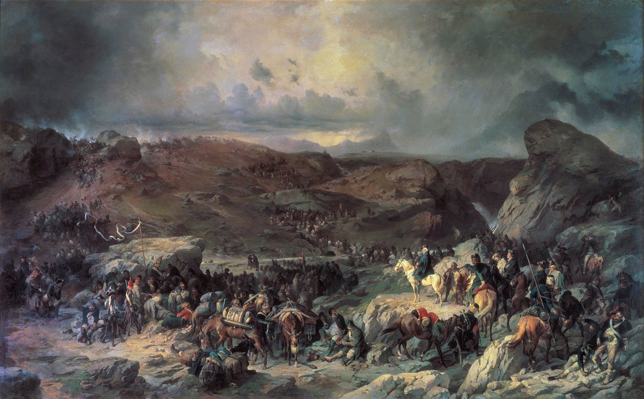 Esercito di Alexander Suvorov che attraversa il Passo del San Gottardo, settembre 1799 XIX secolo da Alexander von Kotzebue