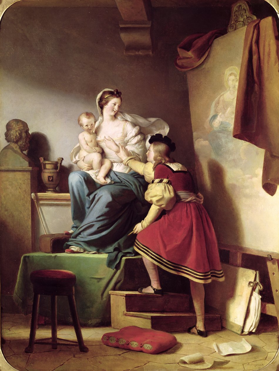 Raffaello che aggiusta la posa del suo modello per il suo dipinto della Vergine e del Bambino da Alexandre Evariste Fragonard