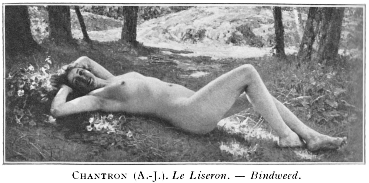 Foto in bianco e nero di un dipinto che raffigura una donna nuda sdraiata in una foresta vicino a un gruppo di fiori con alberi e una cascata poco profonda sullo sfondo da Alexandre Jacques Chantron