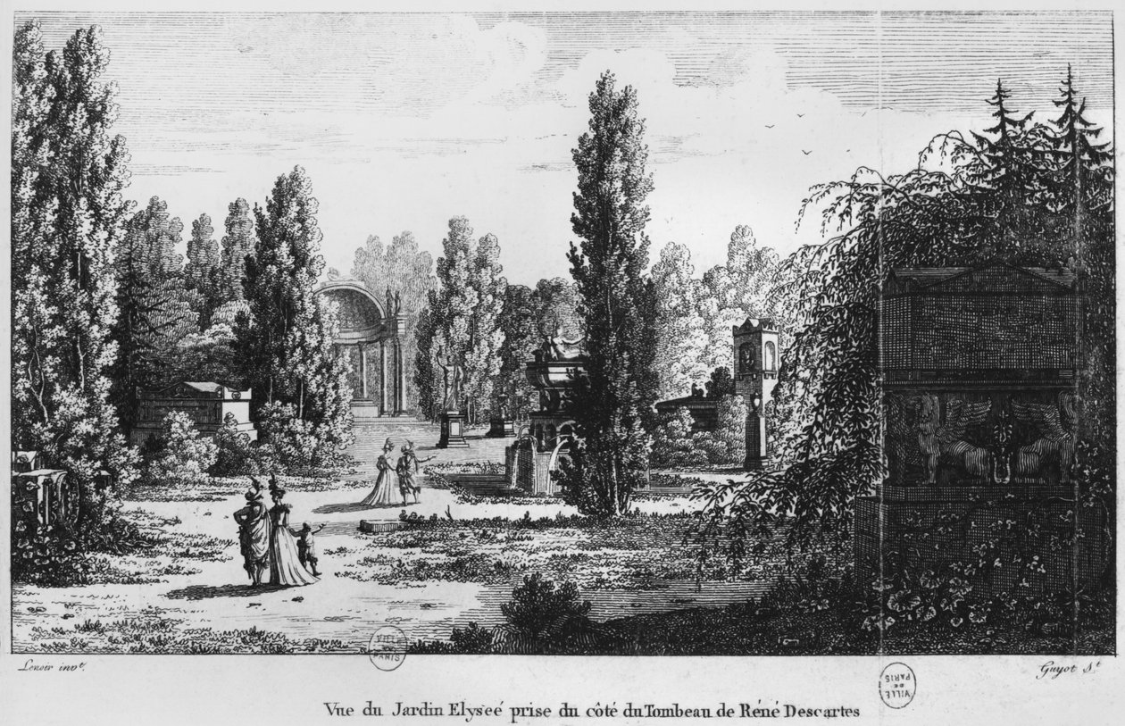 Museo dei Monumenti Francesi, Parigi, vista del Jardin Elysee dalla tomba di René Descartes, inciso da Laurent Guyot da Alexandre Marie Lenoir