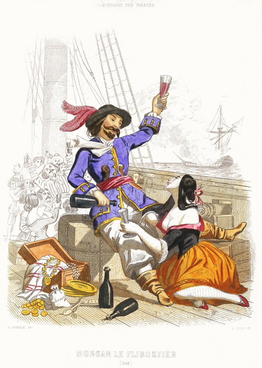 Il capitano Henry Morgan si diverte con vino e donne, in vero stile pirata, metà XIX secolo da Alexandre (after) Debelle