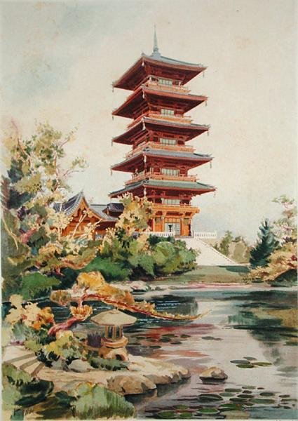 Torre Giapponese nel Parco Reale di Laeken, Belgio, da Orientalisme et Architecture Contemporaine, inciso da Jules Adolphe Chauvet da Alexandre Auguste Louis Marcel