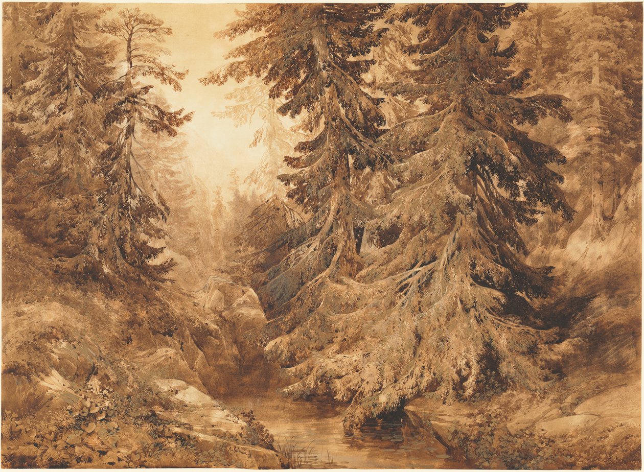 Una foresta di pini antichi con un ruscello di montagna da Alexandre Calame