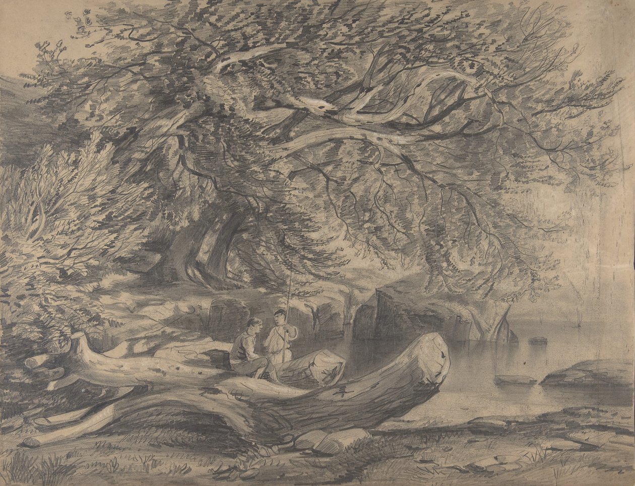 Due uomini che riposano vicino a un lago da Alexandre Calame