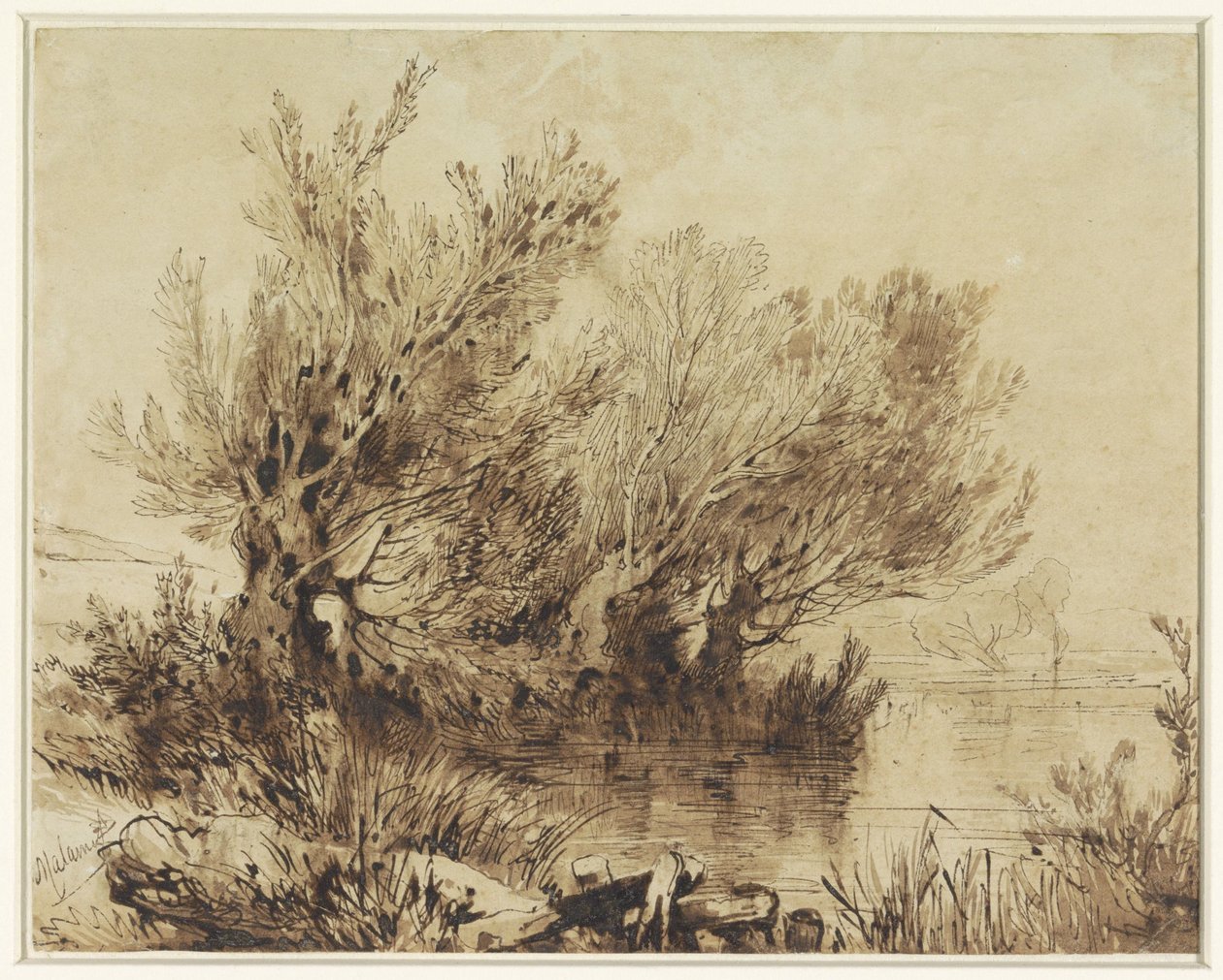 Salici vicino a un lago in un terreno dolcemente ondulato da Alexandre Calame