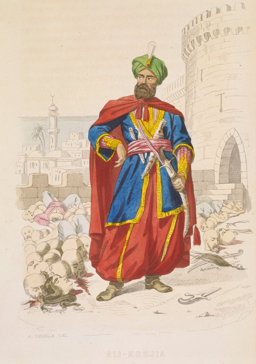 Ali Khoja, sovrano di Algeri 1816-1818, splendente in un turbante verde e con una bella spada, è circondato dalle teste mozzate dei nemici sconfitti dopo il bombardamento del 1816, metà del XIX secolo (incisione a colori) da Alexandre Debelle