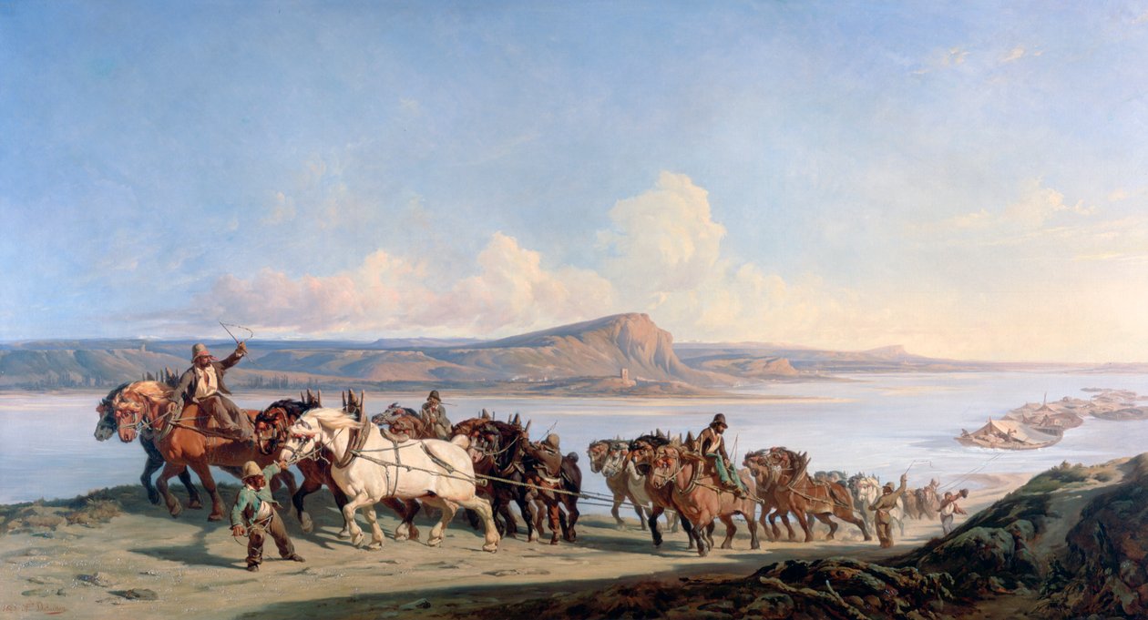 Attacco di cavalli che tirano barche lungo il Rodano, c. 1825-1870 da Alexandre Dubuisson