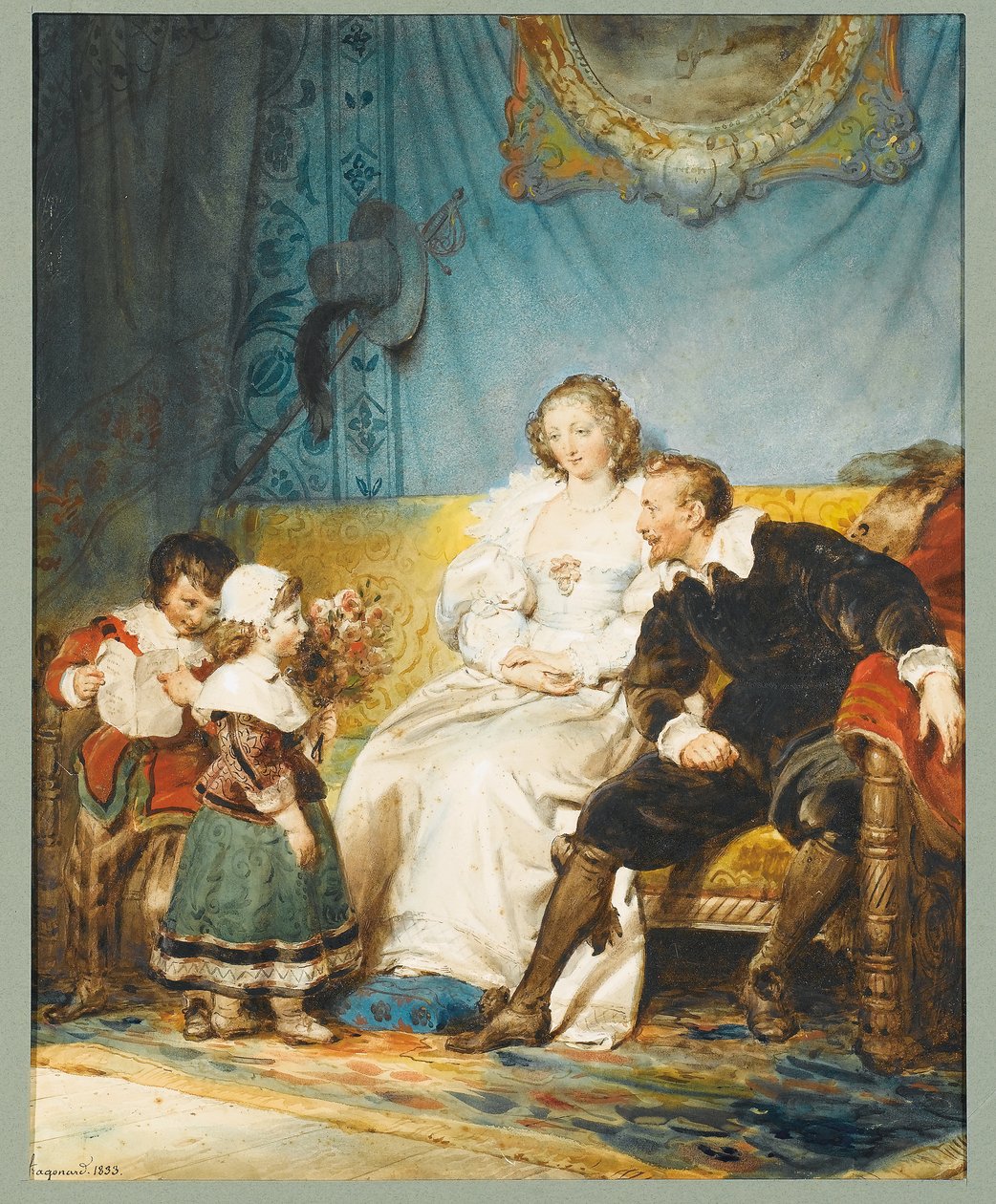 Rubens e Hélène Fourment seduti con Frans che tiene una lettera e Isabelle Hélène che dà loro un mazzo di rose da Alexandre Evariste Fragonard