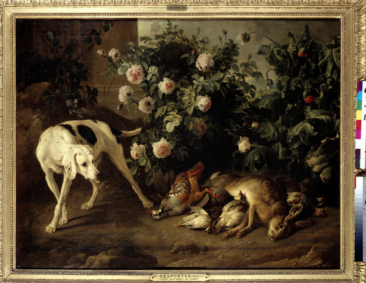 Cane che sorveglia la selvaggina vicino a un cespuglio di rose da Alexandre Francois Desportes