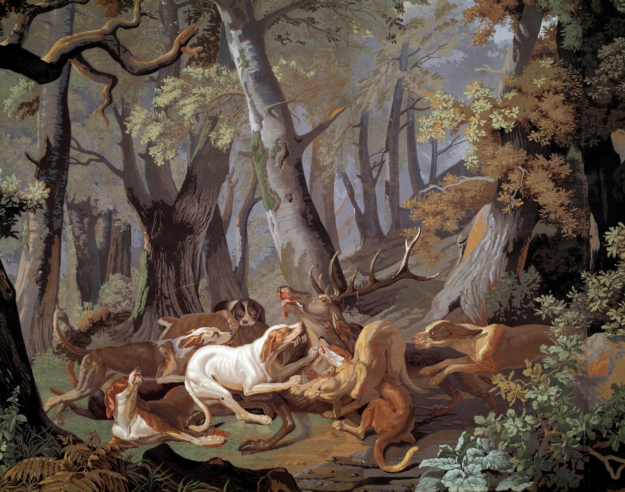 Caccia al cervo, carta da parati Dussy dopo un dipinto di Alexandre-François Desportes (1661-1743). 1851. Parigi, Arti Decorative da Alexandre Francois Desportes