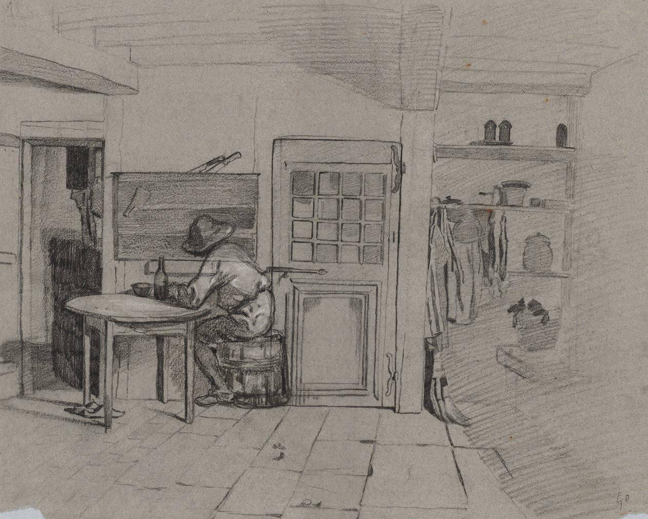 Interno di una fattoria con un ragazzo a un tavolo, c. 1846 da Alexandre Gabriel Decamps