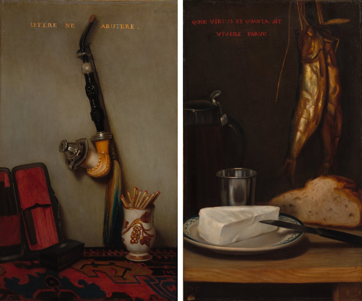 Natura morta con pipa e fiammiferi e Natura morta con aringa, pane e formaggio (coppia) da Alexandre Gabriel Decamps