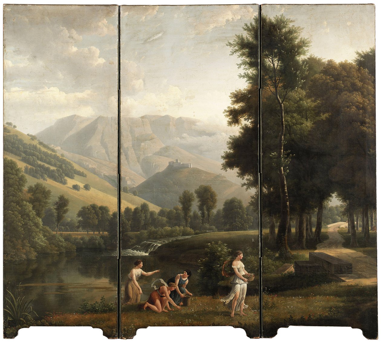 Paesaggio arcadico con fanciulle che raccolgono fiori sulla riva di un fiume, con un castello sulla collina da Alexandre Hyacinthe Dunouy