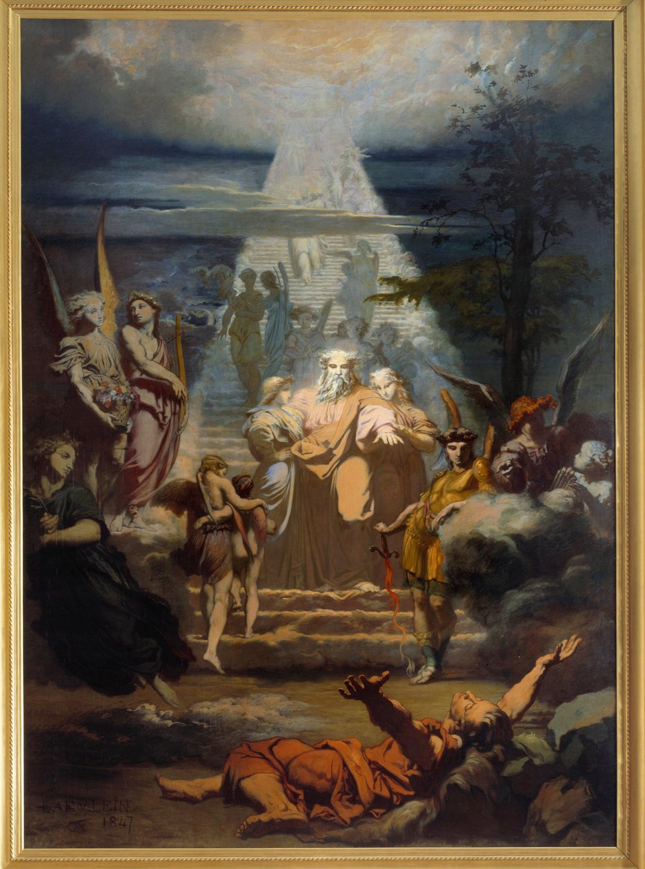 La scala di Giacobbe, Giacobbe, avendo lasciato la sua terra, si addormentò e sognò una grande scala. Dipinto di Alexandre Laemlein da Alexandre Laemlein