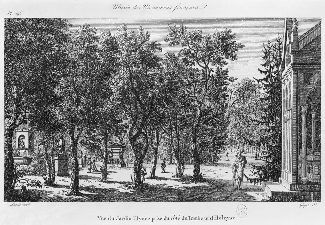 Museo dei Monumenti Francesi, Parigi, vista del Giardino Eliseo dalla tomba di Eloisa e Abelardo, inciso da Laurent Guyot (1756-1806) da Alexandre Marie Lenoir