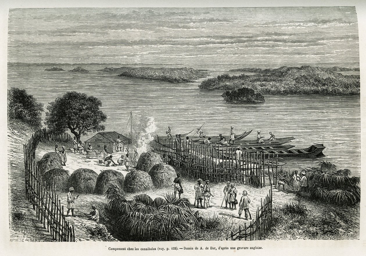 Il campo fortificato della spedizione per proteggersi dai cannibali Mouana Ntaba, vicino al fiume Leopold (Congo), disegno di A. De Bar, per illustrare il racconto Attraverso il Continente Misterioso, un viaggio fatto tra il 1874-1877, da Sir H.M. Stanley  da Alexandre de (after) Bar