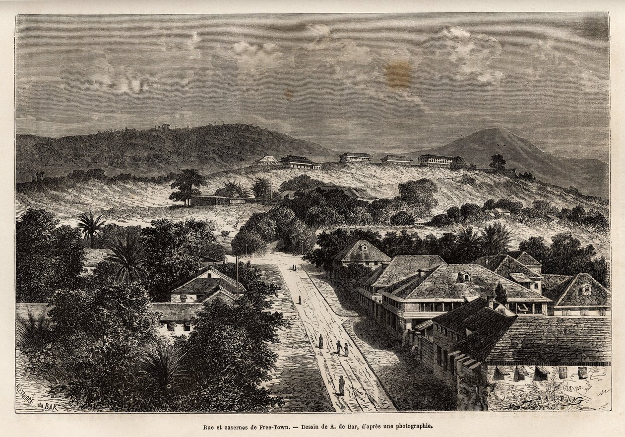 Via e caserme di Freetown, Sierra Leone, incisione dopo il disegno di A. de Bar, illustrando il viaggio alla Costa d