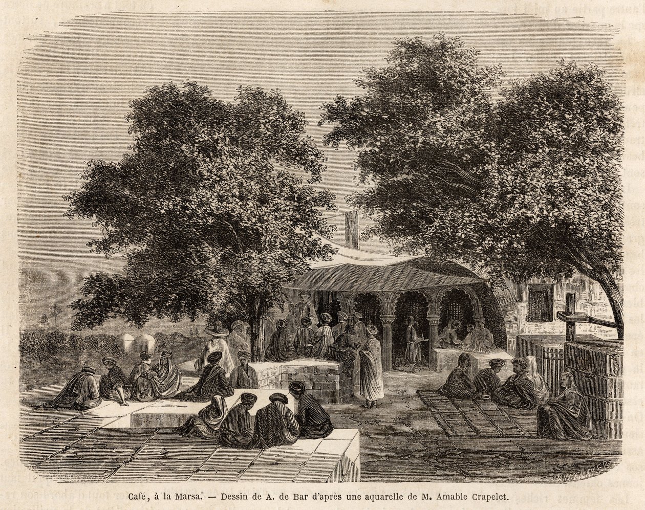 Veduta di un caffè a La Marsa (Tunisi), disegno di A.de Bar, per illustrare un viaggio a Tunisi, nel 1859, di Amable Crapelet. Incisione in “Le tour du monde”, a cura di Edouard Charton da Alexandre de (after) Bar