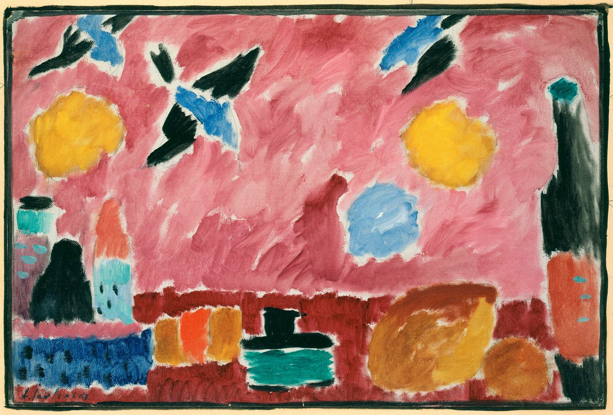 Con carta da parati rossa con motivi di rondini da Alexej von Jawlensky