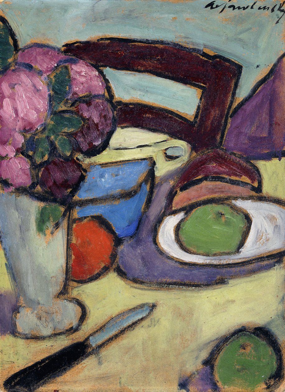 Natura Morta con Sedia e Bouquet; Stilleben mit Stuhl und Blumenstrasse, 1906 da Alexej von Jawlensky